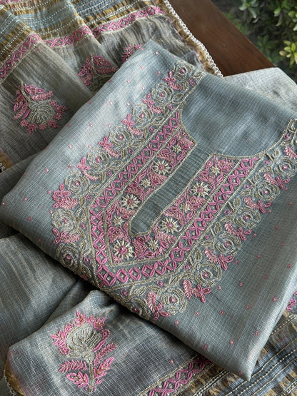 Smokey Grey Shade Tissue Kota Chikankari Unstitched Fabric