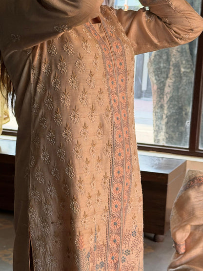 Intricate Natural Tussar Silk Chikankari RTW Jacket Set