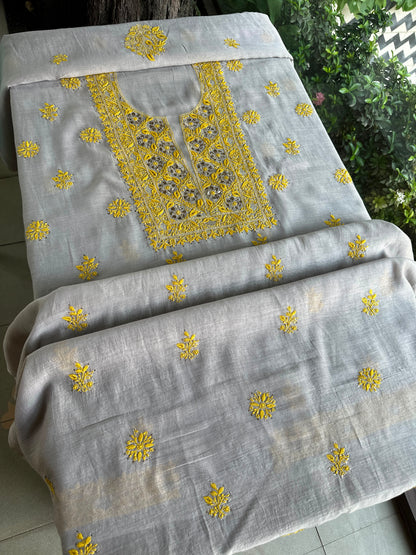 Grey Shade Mal Cotton Chikankari Unstitched Kurta Dupatta Fabric With Mukaish Badla