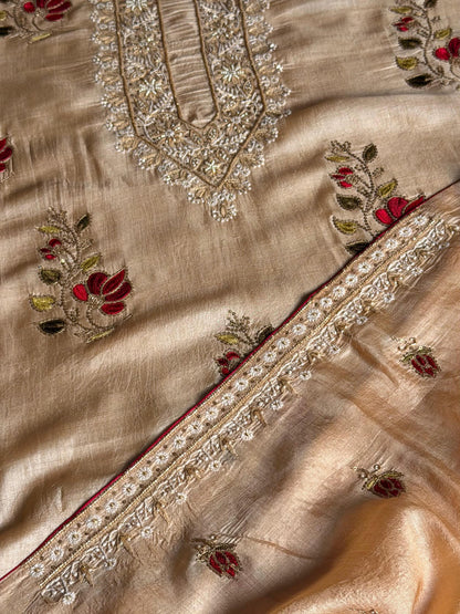 Natural Paper Tussar Resham Chikankari Unstitched Fabric Kurta Dupatta Set