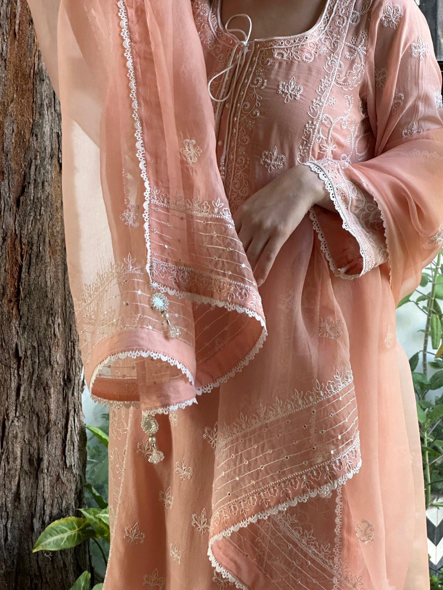 Peach Shade Malmal Pearl Work Chikankari Kurta Set