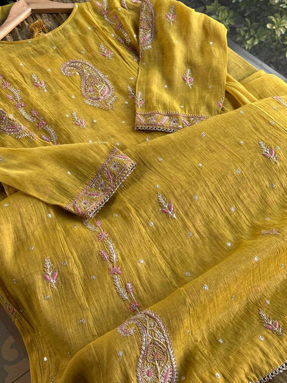 Yellow Shade Tissue Silk Chikankari Anarkali With Ari Work
