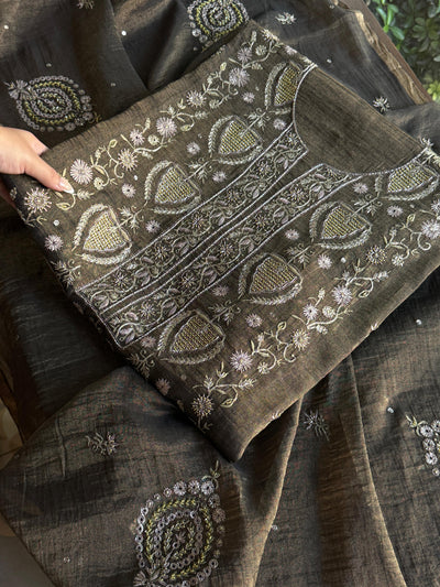Goldish Black Shade Tissue Silk Chikankari Unstitched Fabric
