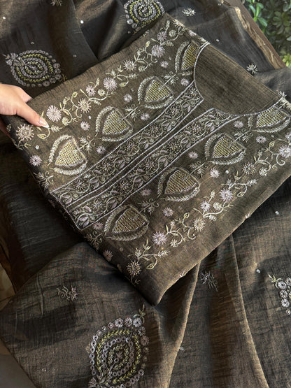 Goldish Black Shade Tissue Silk Chikankari Unstitched Fabric