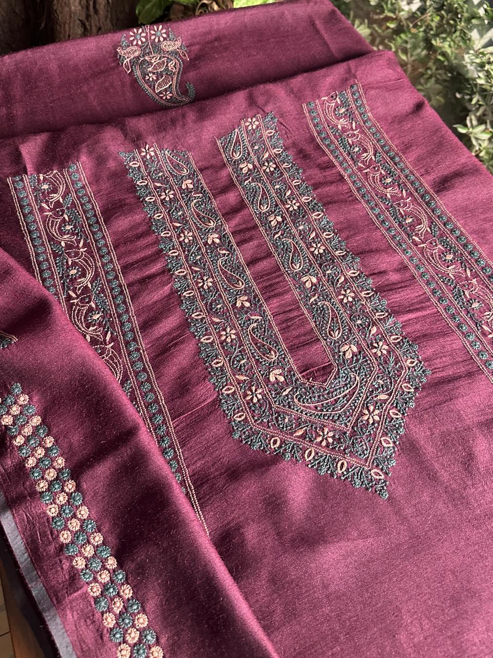 Wine Shade Moonga Silk Chikankari Men’s Kurta Fabric