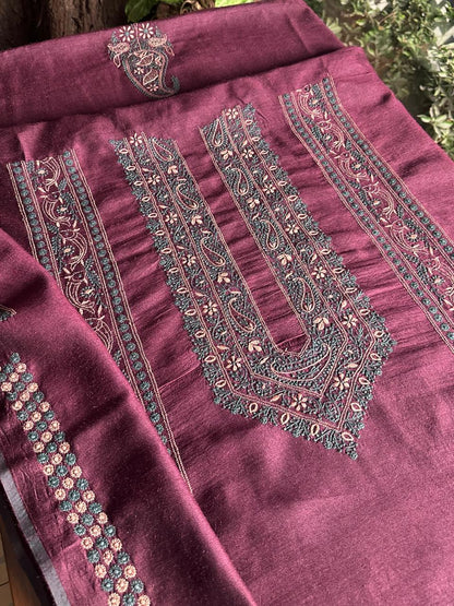 Wine Shade Moonga Silk Chikankari Men’s Kurta Fabric