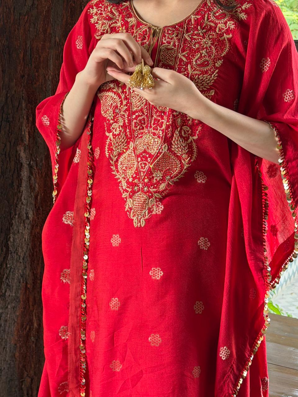 Red Zari Chanderi Chikankari Kaftan