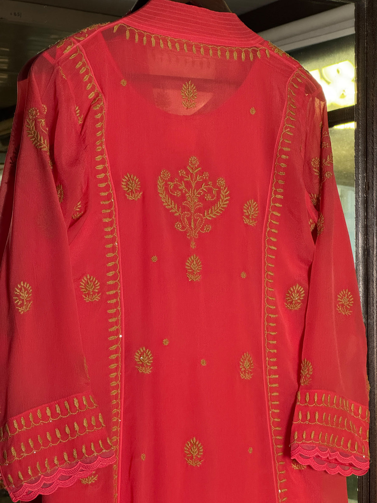 Carrot Pink Chiffon Chikankari Kurta with Lace Detailing