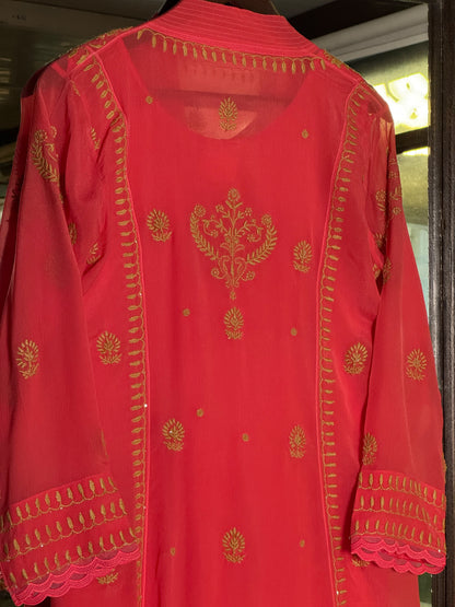 Carrot Pink Chiffon Chikankari Kurta with Lace Detailing