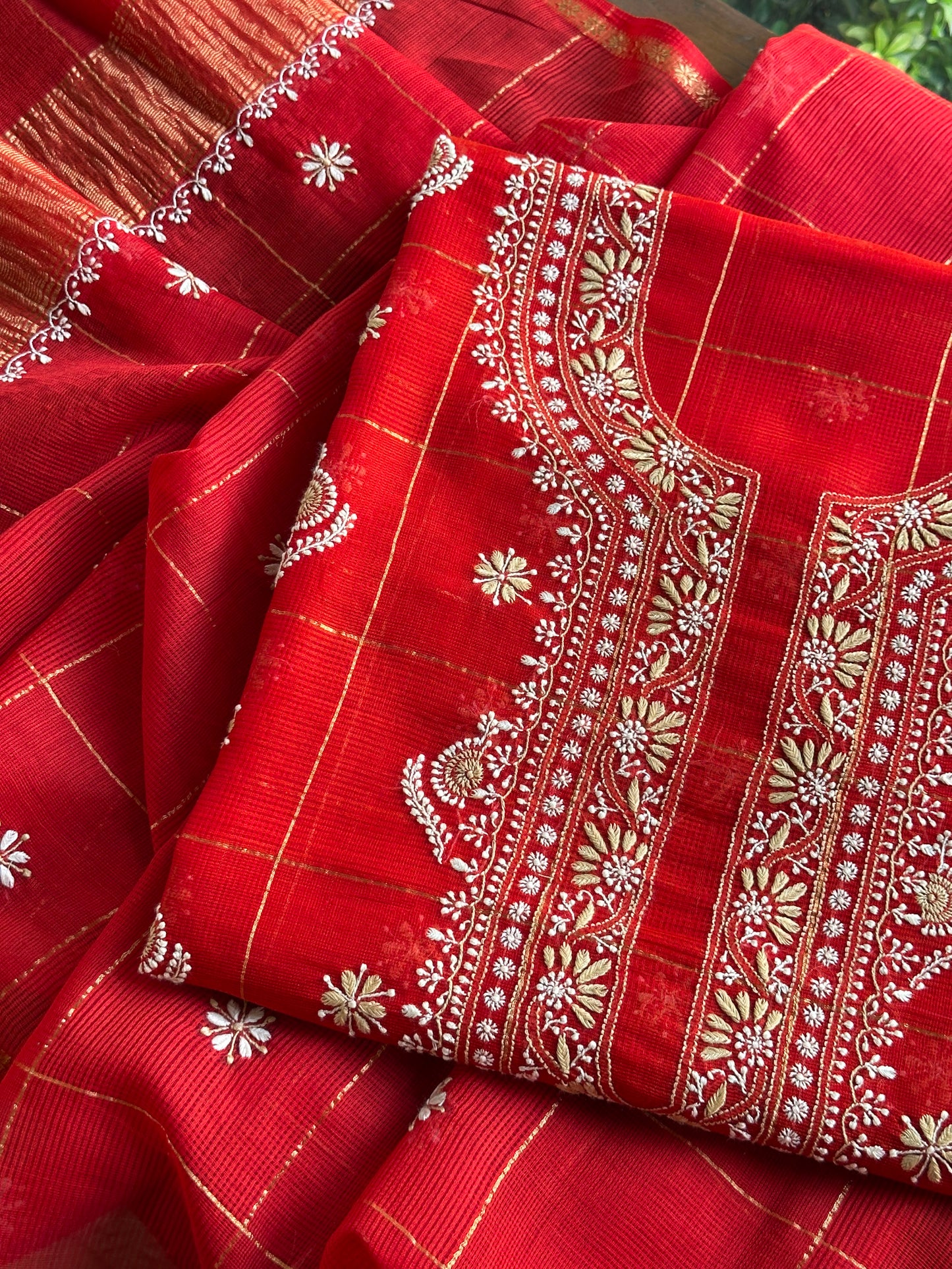 Red Shade Tissue Zari Kota Chikankari Unstitched Fabric