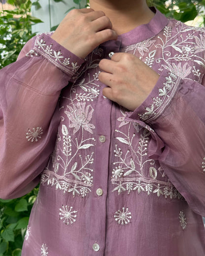Dull Purple Noor Organza Resham Chikankari Front Open Short Top