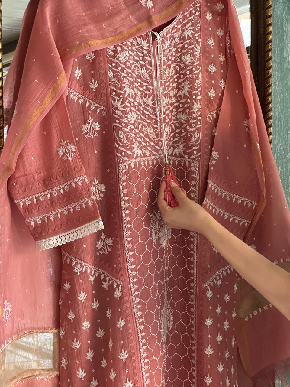 Onion Pink Shade Malmal Pearl Work Chikankari Kurta With Dupatta