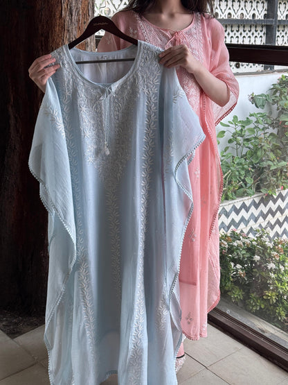 Powder Blue Malmal Sequinned Chikankari Kaftan
