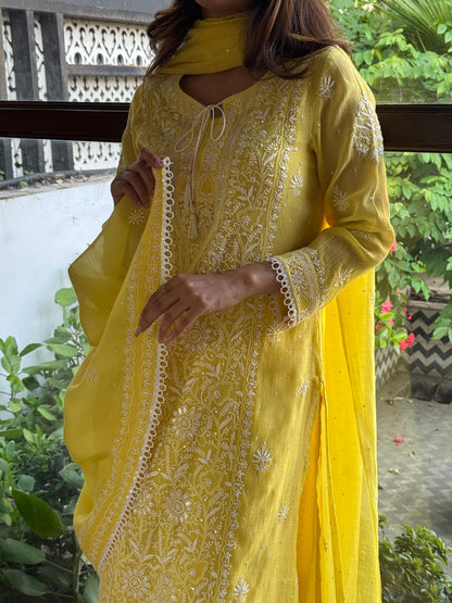 Yellow Shade Malmal Pearl White Chikankari Ready to Wear Kurta Set