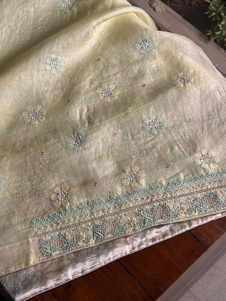 Lemon Shade Noor Banarasi Organza Chikankari Unstitched Fabric