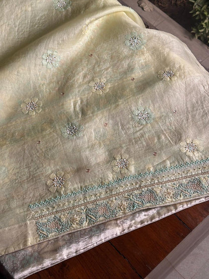 Lemon Shade Noor Banarasi Organza Chikankari Unstitched Fabric