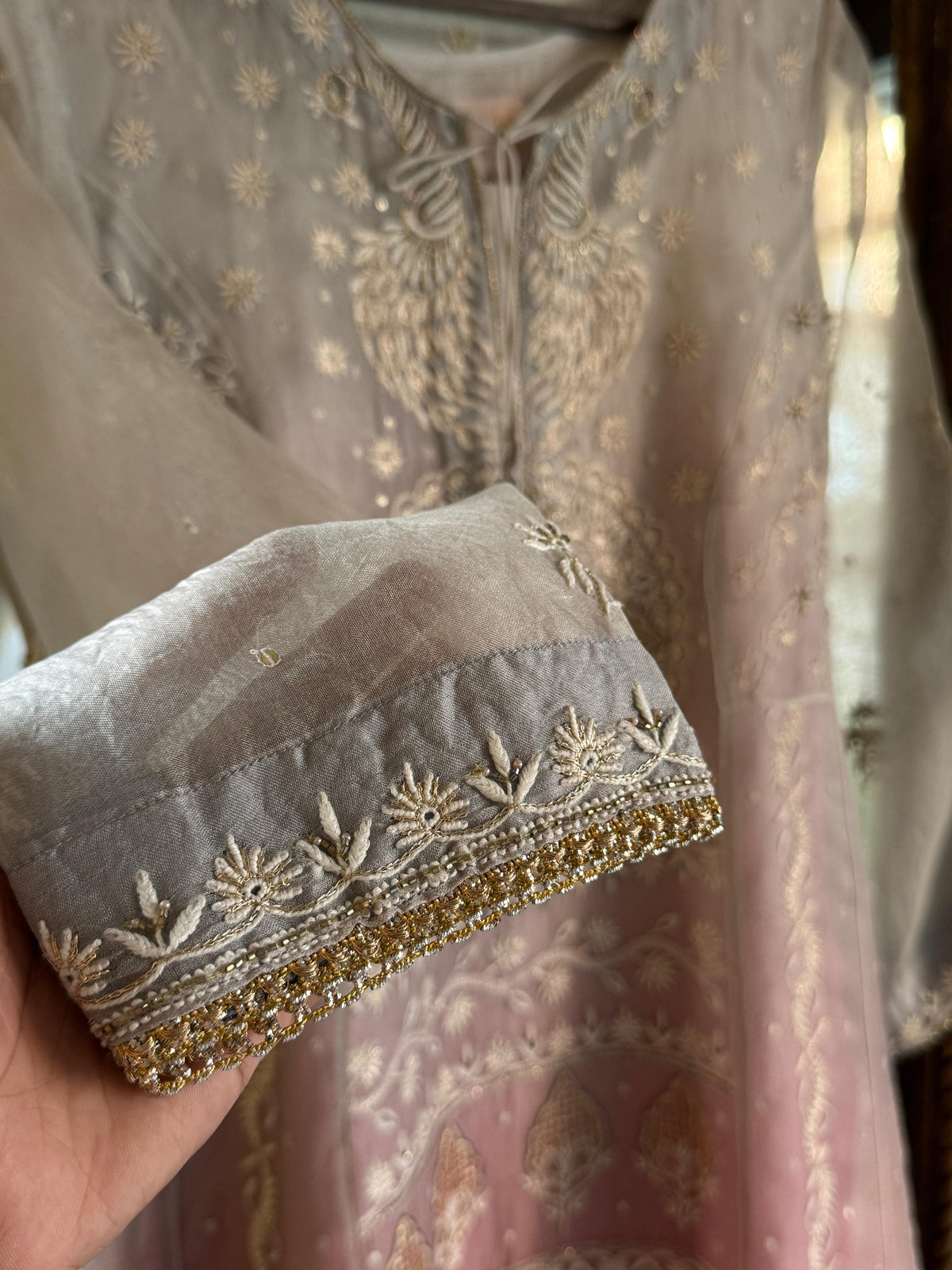 Grey & Pink Ombre Shade Noor Organza Chikankari Anarkali