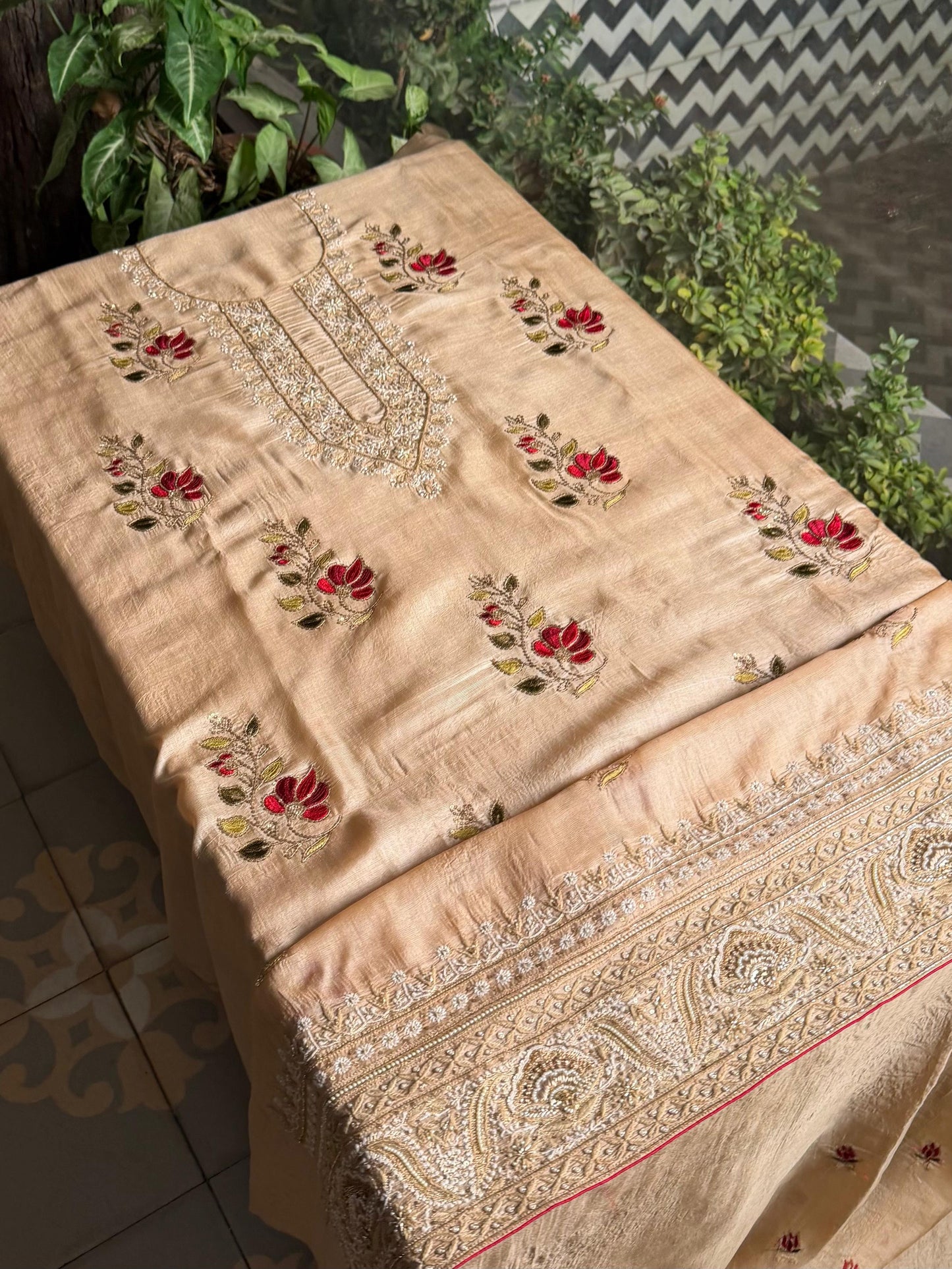 Natural Paper Tussar Resham Chikankari Unstitched Fabric Kurta Dupatta Set