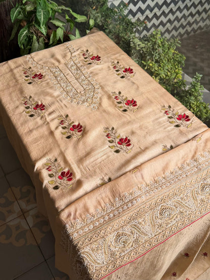 Natural Paper Tussar Resham Chikankari Unstitched Fabric Kurta Dupatta Set