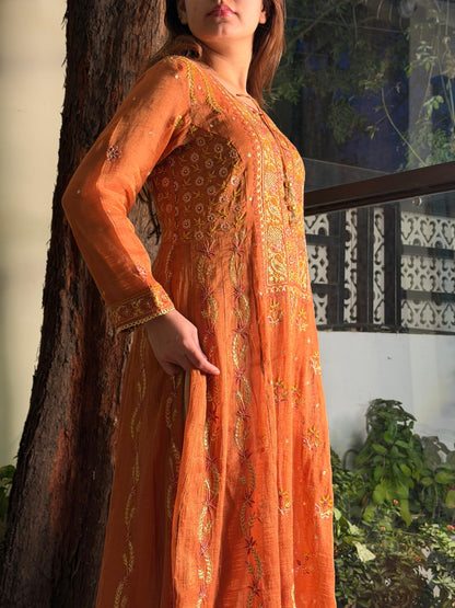 Rust Orange Shade Tissue Silk Chikankari Anarkali With Ari Work