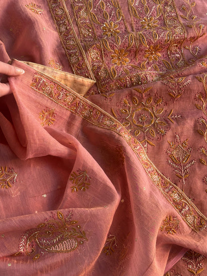 Rose Pink Shade Roheen Tissue Silk Chikankari Unstitched Fabric