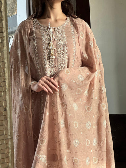Nude Rose Mul Chanderi Mukaish Kamdani Chikankari Kurta Dupatta Set