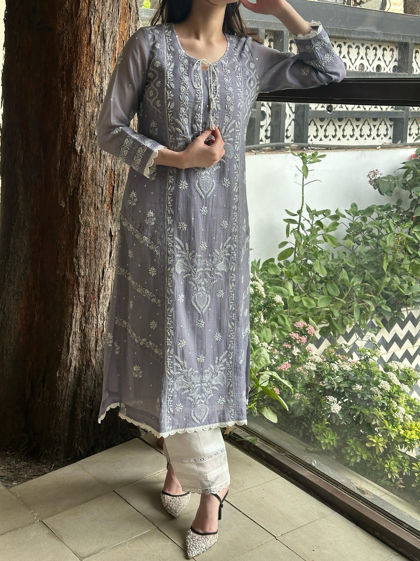 Grey Shade Malmal Mukaish Kamdani Chikankari Kurta Set