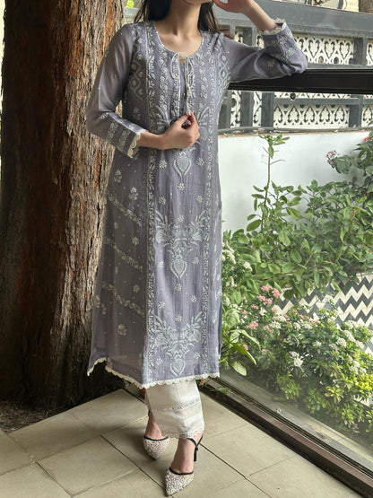 Grey Shade Malmal Mukaish Kamdani Chikankari Kurta Set