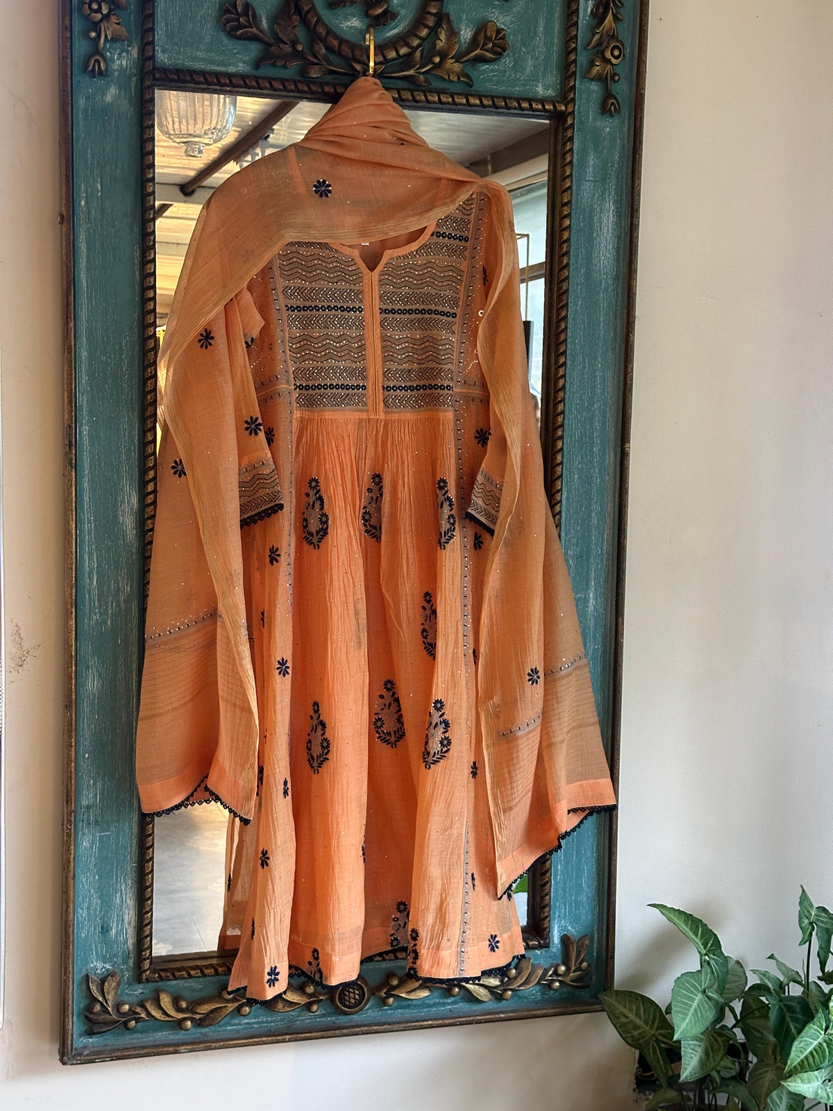 Orange Blue Malmal Mukaish Kamdani Chikankari Stitched Kurta Dupatta Set