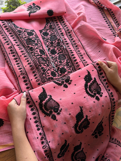 Candy Pink & Black Mal Chanderi Silk Chikankari A Line Unstitched Fabric