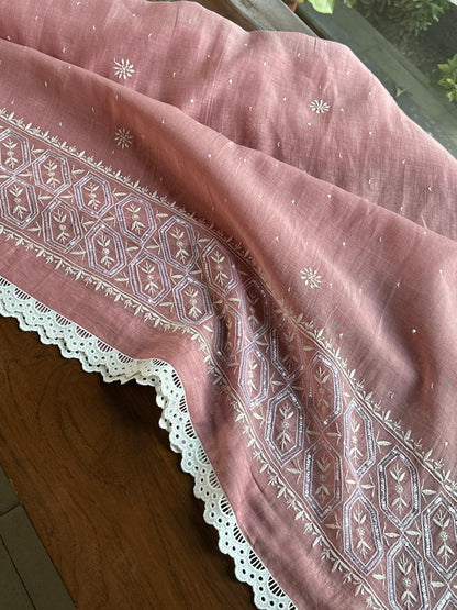 Soft Pink Mulmul Pearl White Chikankari Ready to Wear Kurta Set