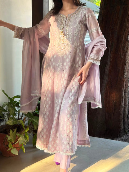 Lavender Mal Chanderi Mukaish Kamdani Chikankari Anarkali