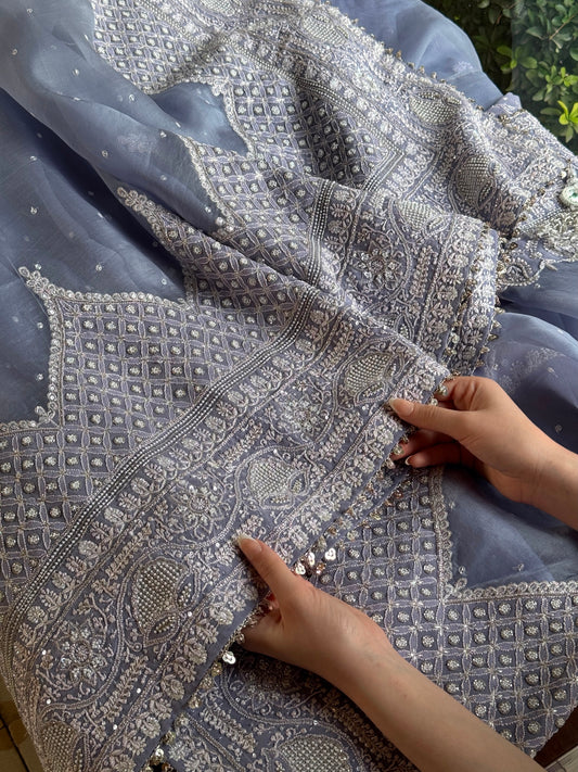 Noor Mauve Blue Chikankari Saree With Blouse