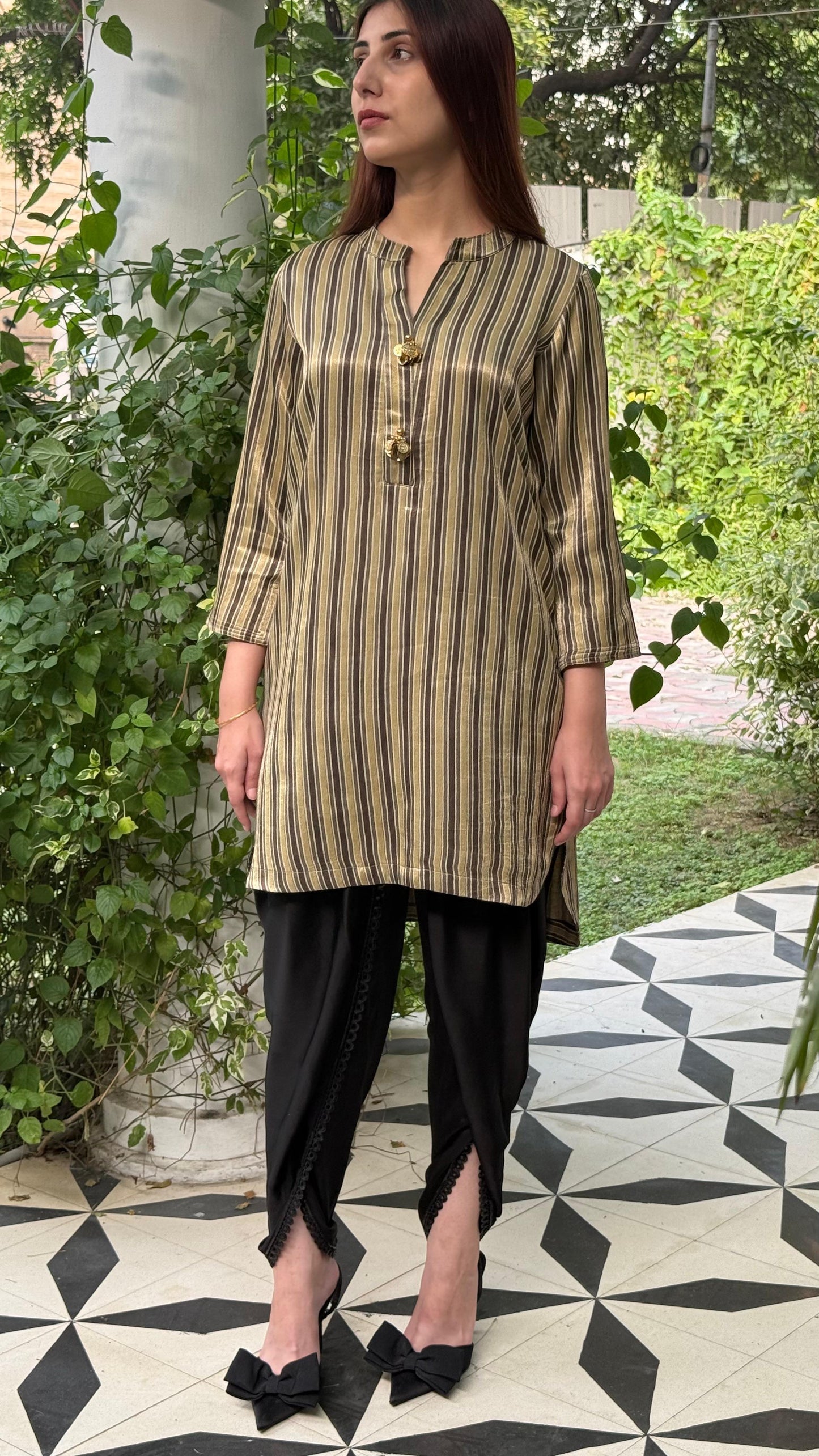 Ajrak Tan Brown Shade Mashru Silk, Short Kurta