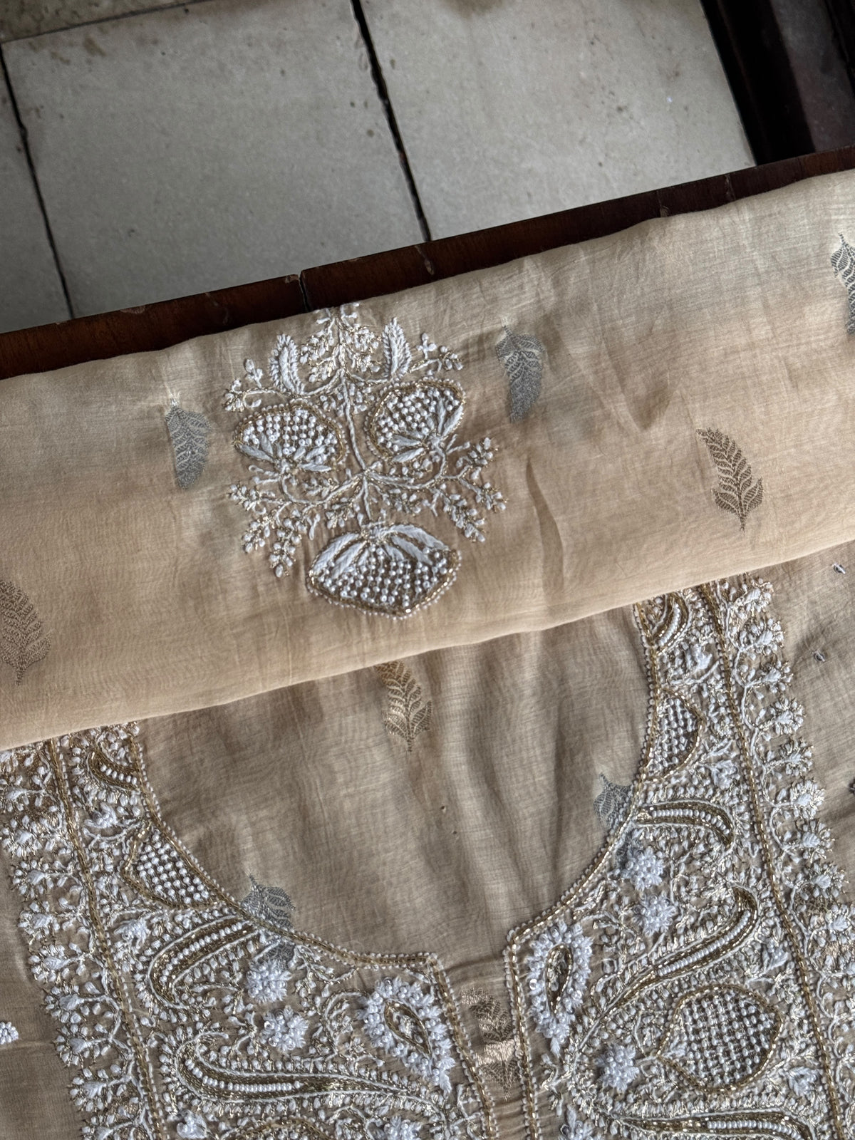 Beige Shade Banarasi Zari Chanderi Unstitched Chikankari Fabric