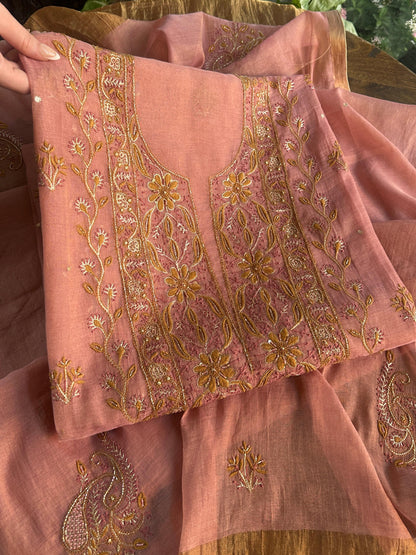Rose Pink Shade Roheen Tissue Silk Chikankari Unstitched Fabric