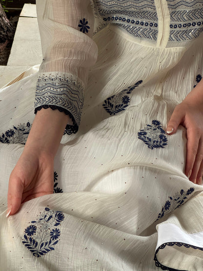 White Melon | Malmal Mukaish Kamdani Chikankari Stitched Kurta Dupatta Set
