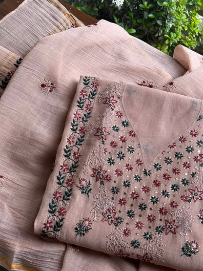 Beige Multi Mul Chanderi Silk Kalamkari Unstitched Kurta Dupatta Set