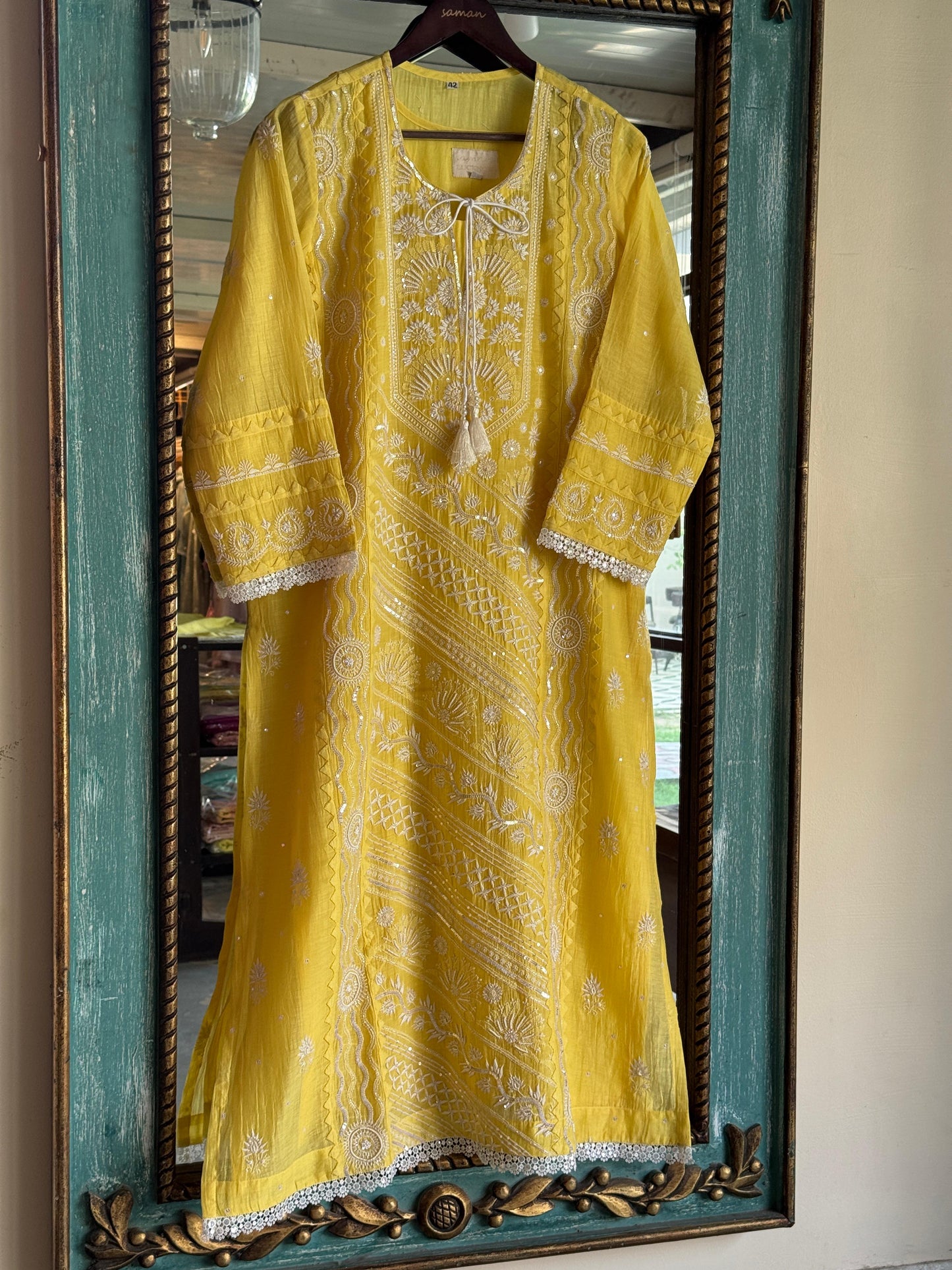 Yellow Mulmul Pearl White Chikankari Ready to Wear Kurta Set