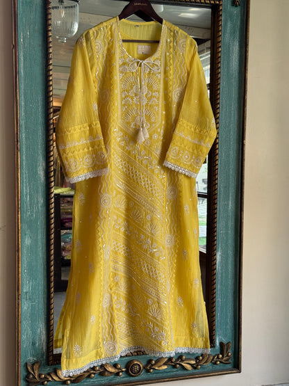 Yellow Mulmul Pearl White Chikankari Ready to Wear Kurta Set