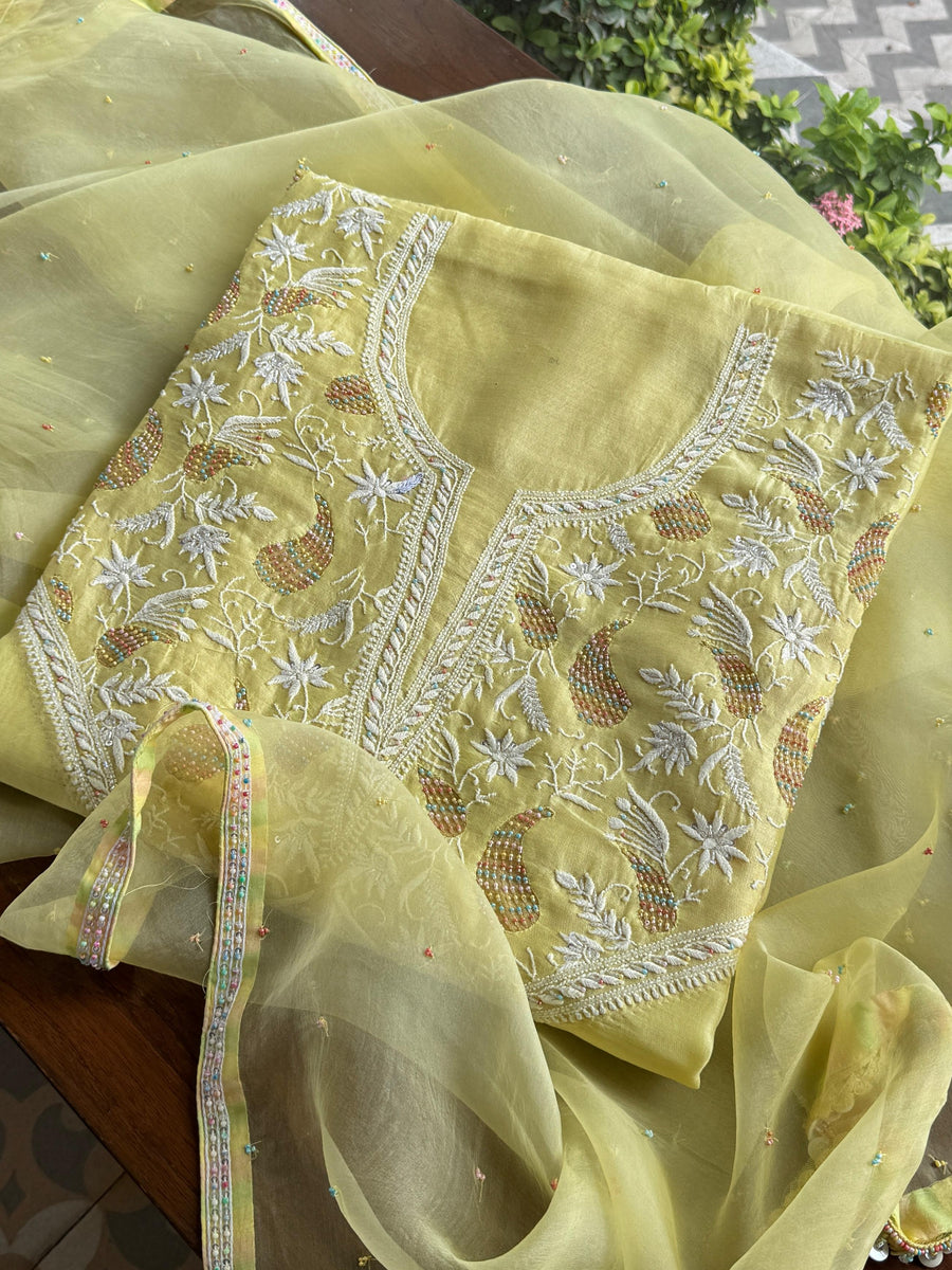 Butter Yellow Mul Chikankari Unstitched Kurta Set