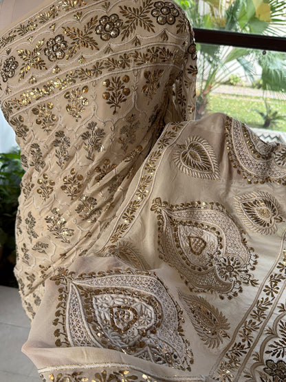 Vintage Dual Shade Mukaish Chikan Heriloom Saree with Blouse