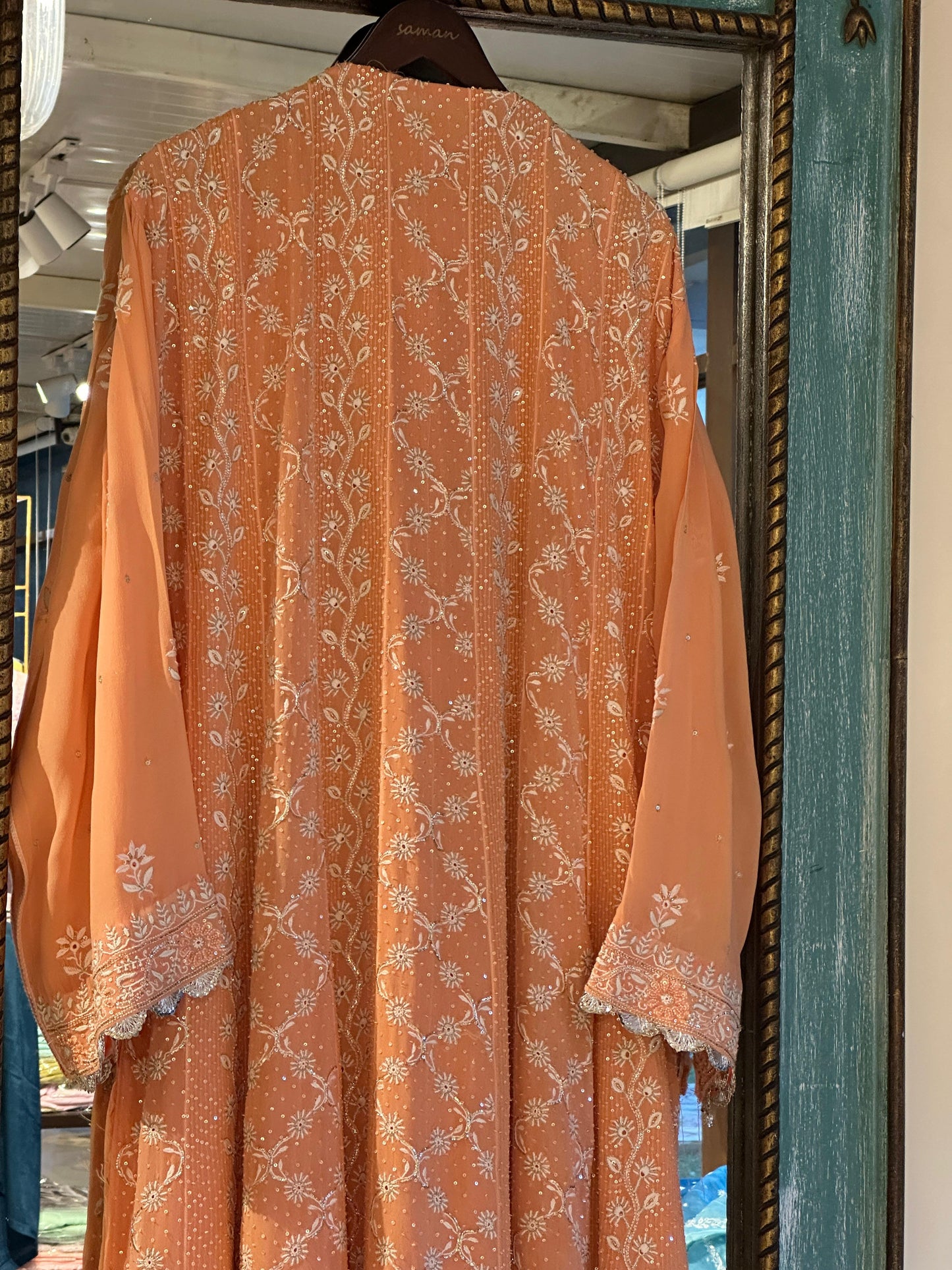 SAFFRON PEACH TUKDI CHIKANKARI ANARKALI