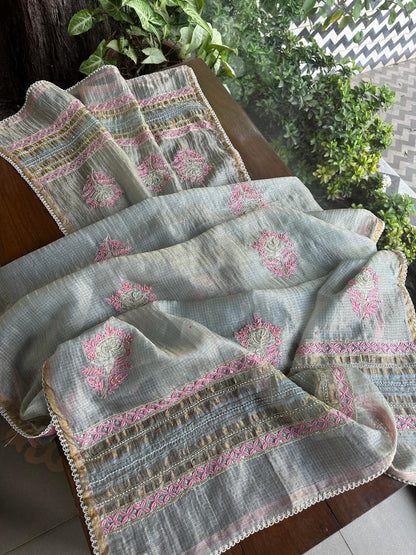 Smokey Grey Shade Tissue Kota Chikankari Unstitched Fabric
