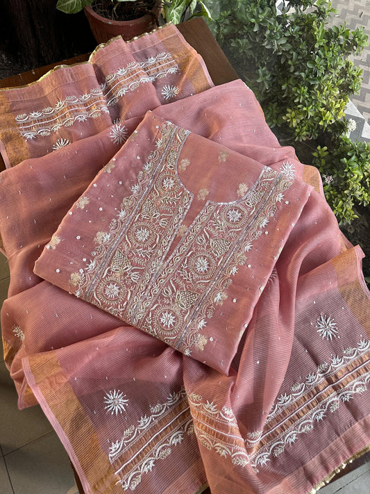 Peach Shade Banarasi Zari Chanderi Unstitched Chikankari Fabric