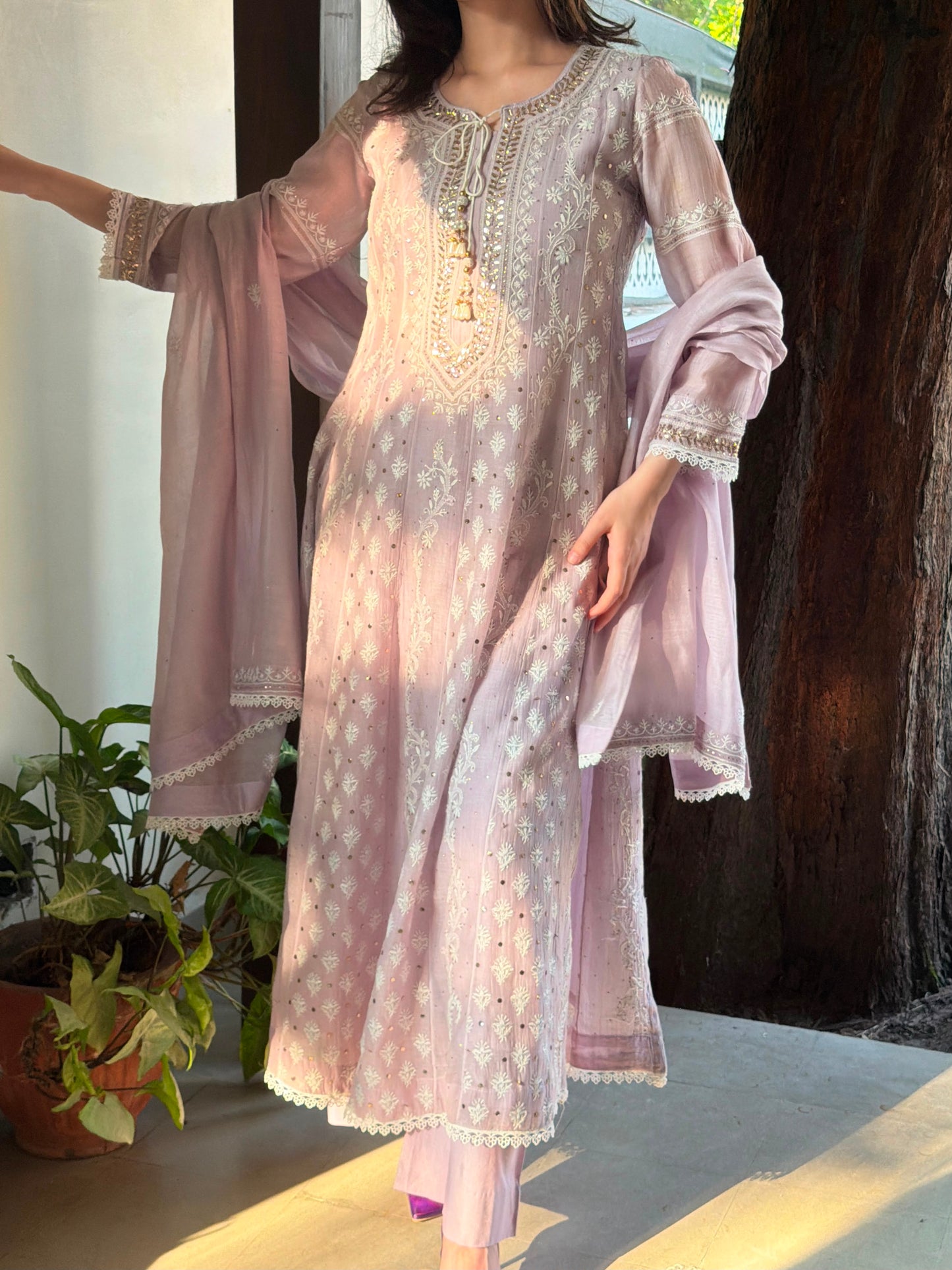 Lavender Mal Chanderi Mukaish Kamdani Chikankari Anarkali