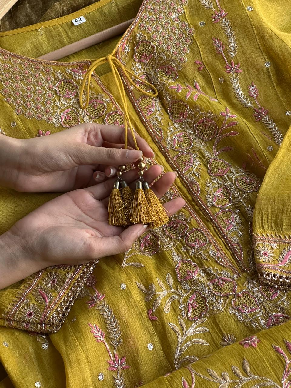 Yellow Shade Tissue Silk Chikankari Anarkali With Ari Work