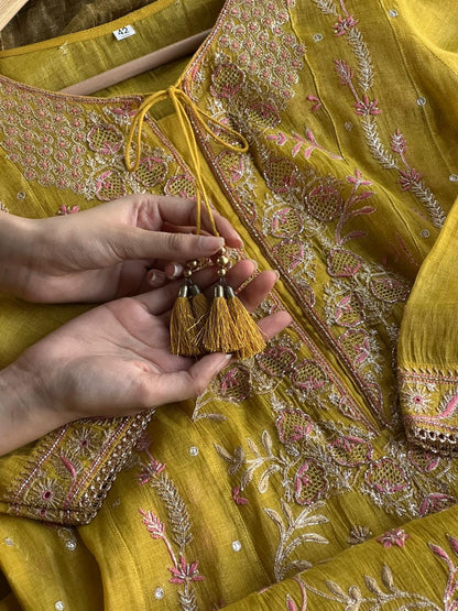 Yellow Shade Tissue Silk Chikankari Anarkali With Ari Work