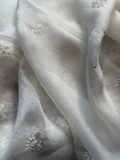 White Noor Organza Banarasi Silk Chikankari Unstitched Kurta Dupatta Set