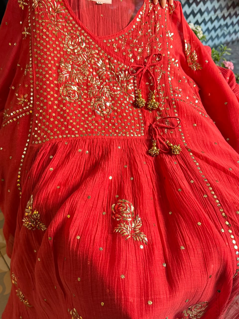 Red Mukaish Kamdani Mul Chanderi Angarkha